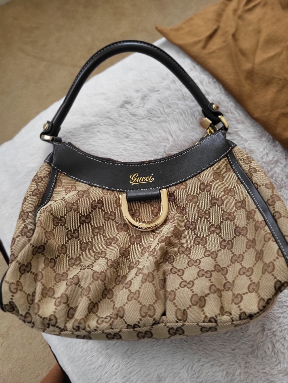 Gucci Beige GG Canvas and Brown Leather Top Handle Bag